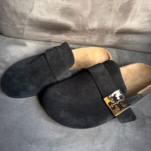 Tory Burch Black Suede Mules with Gold Emblem